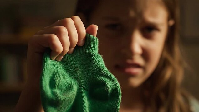 Girl holds up dirty sock with disgusted expression