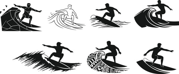 Surfer silhouette illustration, artistic wave designs, tribal and abstract styles, dynamic surfing poses, ocean sport concept, black and white vector art
