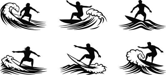 Obraz premium Surfer silhouette collection, dynamic wave riding poses, extreme sport action, black and white surfing art, ocean lifestyle, coastal adventure, minimalist design