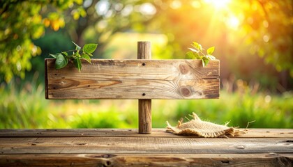 Naklejka premium Rustic Wooden Signpost in Sunny Garden Setting