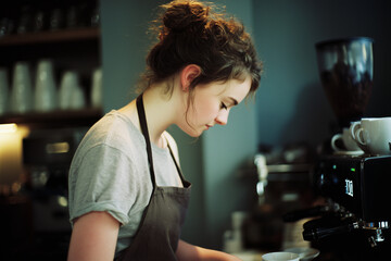 Happy barista making coffee. Female uni student working at a weekend job, cafe shop worker, job market, unemployment and rising cost of living