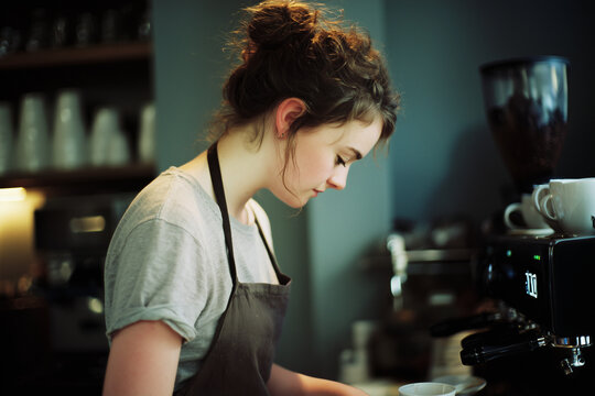 Happy barista making coffee. Female uni student working at a weekend job, cafe shop worker, job market, unemployment and rising cost of living
