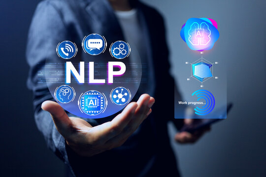 NLP natural language processing concept for command and support ai automation working and big data analysis with a man holding to communication auto chatbot and machine learning