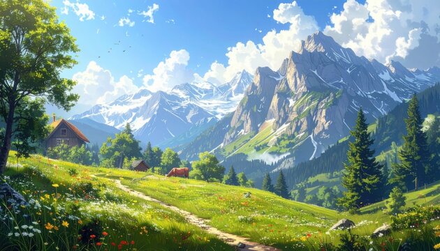 Idyllic alpine meadow with grazing cows and rustic wooden cabin framed by dramatic mountains symbolizing sustainable living, tradition and the charm of rural retreats - Powered by Adobe