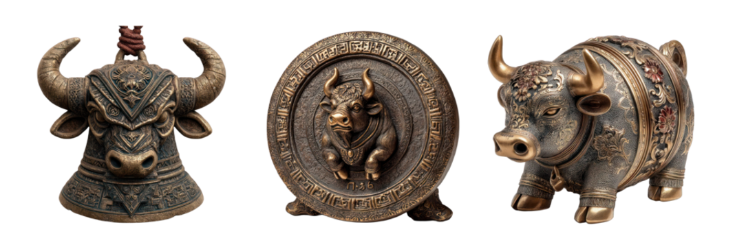 Ornate Buffalo Sculptures isolated on transparent background