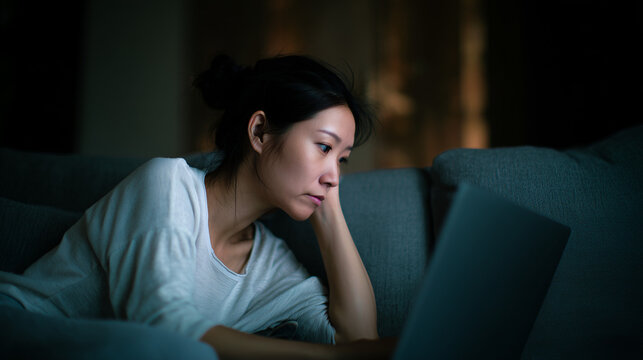 Sad asian woman on her laptop. unemployed person looking for a job online. Job seeker searching on the internet, poor job market and slow economy, inflation and stagflation, redundant employee