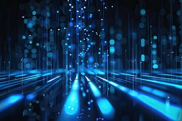Abstract digital artwork featuring a dynamic interplay of glowing blue lines and bokeh, creating a sense of depth and movement within a dark background