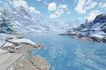 Snowy mountain lake scene, icy blue water