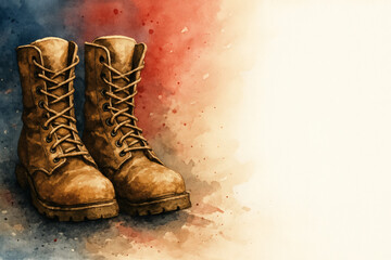 Combat boots pair (toes forward) in promotional style for Veterans Day with copy space