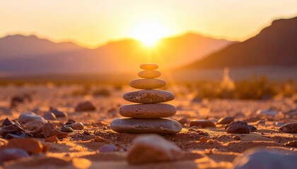 Obraz premium Stacked stones in desert sand during sunset express balance, harmony and mindfulness symbolizing calm reflection in nature with warm glowing tones