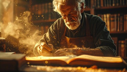 An elder writes in glowing light surrounded by books symbolizing the act of preserving wisdom creativity and legacy through storytelling and timeless reflection