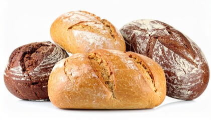 A selection of freshly baked artisan breads with diverse crusts and textures, displayed on a white background.