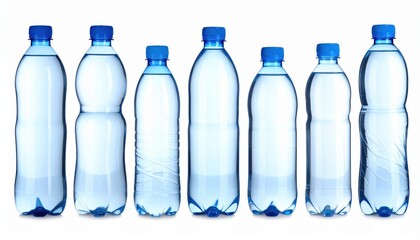 Naklejka premium A lineup of different plastic water bottles with blue caps, highlighting recycling and environmental themes.