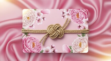 Beautiful gift box adorned with delicate floral patterns and tied with a rustic knot on a luxurious satin background.