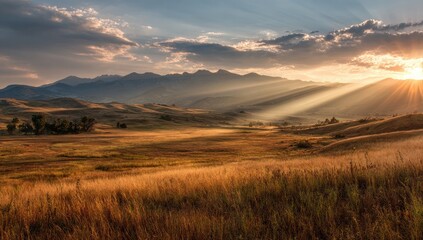 Golden sunbeams paint a vast prairie landscape at sunrise, with distant mountains