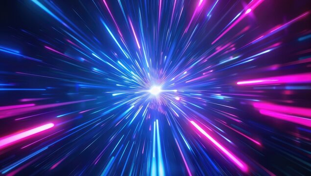 Abstract image of vibrant blue and pink light streaks converging towards a bright central point, creating a dynamic and energetic visual effect, suggesting speed or movement