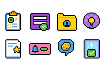 Business, office pixel icon set. flat style icons for productivity and innovation.