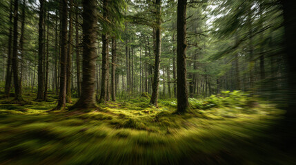 Lush green forest with tall trees and vibrant moss covering the ground, soft light filtering through the dense canopy, creating a tranquil and serene atmosphere.