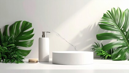 Fototapeta premium White Product Display with Lush Tropical Leaves