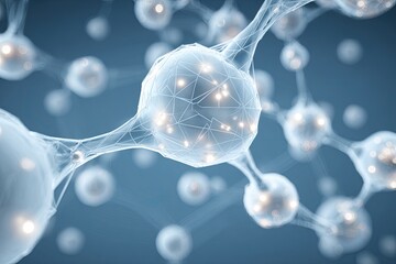 Abstract network of interconnected spheres.  Detailed 3D render of  molecules with glowing points within.  Soft light and muted colors