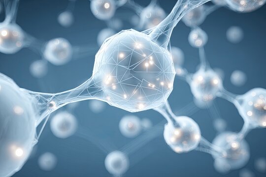 Abstract network of interconnected spheres. Detailed 3D render of molecules with glowing points within. Soft light and muted colors