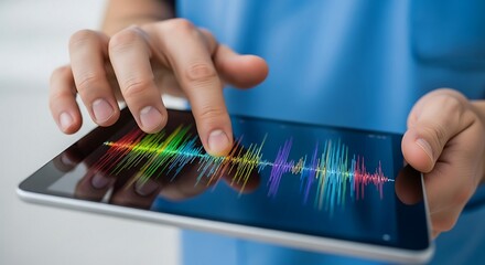 Healthcare Professional Analyzing Audio Data on Tablet - Medical Technology, Voice Recognition, Digital Health.