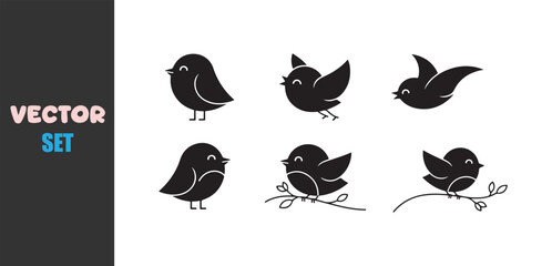Fototapeta premium Cute black bird silhouettes in various poses on white background