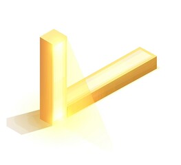 Isometric illustration of a glowing golden letter L, casting a soft shadow on a white background. The letter is rendered with a three-dimensional effect, emphasizing its luminescence