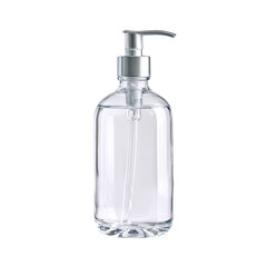 Clear plastic pump bottle, likely for soap or hand sanitizer.  It's oval-shaped with a silver pump top.  Translucent, with a slightly textured bottom