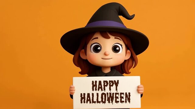 Cute Cartoon Halloween Whitch Holding a Sign with "Happy Halloween" . Copy Space. Seamless Loop