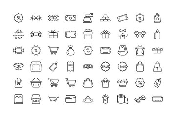 Boxing Day line art icon collection, festive shopping and gift silhouettes, black and white minimalist vector set, perfect for holiday sales, online shopping, discounts, e-commerce, and gifts.