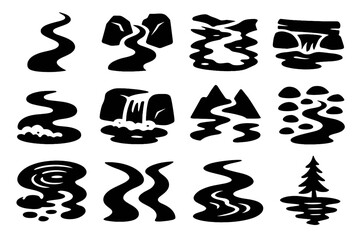 Drop creek whitewater pathway side rocks icons vector mini stream icon mountain