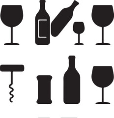 Liquor Bottle set silhouette. Vodka, Whiskey, Wine Bottle with an alcoholic drink. Restaurant beverage alcoholic illustration for celebration 