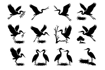 Obraz premium To reed paired heron lone nesting nest vector icon top beak carrying