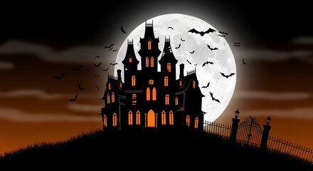 Spooky haunted mansion silhouette against a giant full moon with bats flying, perfect for chilling Halloween promotions and frighteningly fun event invitations.