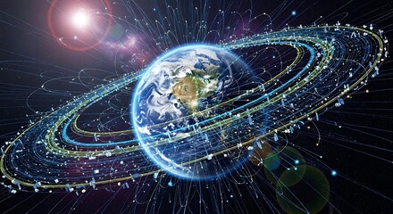 Global Network Connectivity: Earth Surrounded by Data Streams and Satellites.