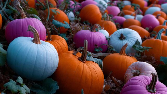 Colorful pumpkin patch with vibrant orange, pink, and blue varieties in a field