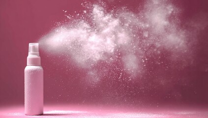 Pink spray bottle with a cloud of white powder