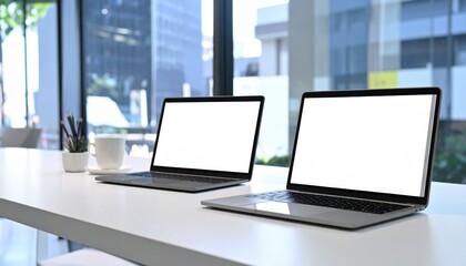 Two Laptops on Modern Office Desk with City View