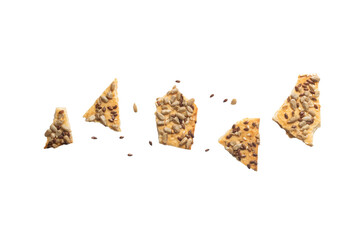 Stacked flax and sunflower seed cookies isolated on a white background are perfect for snack branding, packaging visuals,