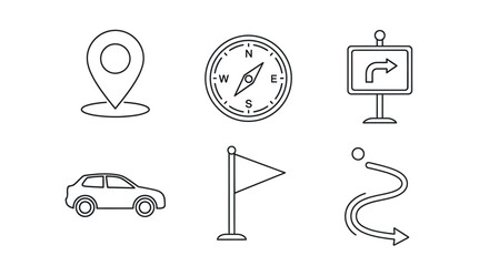 Fototapeta premium Outline icons of location pin, compass, road sign, car, flag, and route.