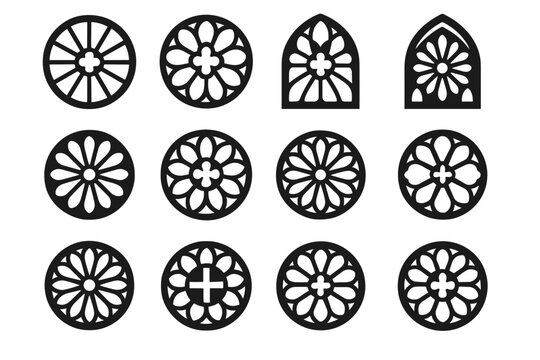 Stained pointed window icon rose holy center vector tracery pattern gothic elements