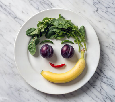 Un visage souriant cr&eacute;&eacute; &agrave; partir de l&eacute;gumes et fruits frais, dispos&eacute;s sur une assiette blanche, concept de sant&eacute; et bien-&ecirc;tre, nutrition et vitamines.