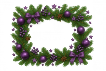 Christmas frame with purple ornaments, fir branches, bows, berries, and star anise on transparent background