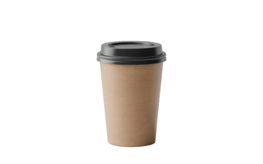 Disposable coffee cup with black lid on black on transparent background
