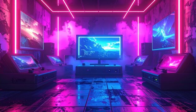 Neon Pink and Blue Retro Gaming Room with Pixel Art Screens - Powered by Adobe