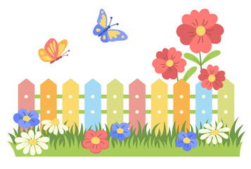 Colorful fence with flowers, grass and butterflies