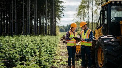 Woman and man forestry workers reviewing plans by logging machinery with young trees and cut logs, sustainable wood industry footage. - Powered by Adobe