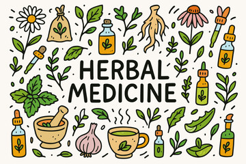 Herbal medicine flat icon set: plants, remedies, and natural healing collection