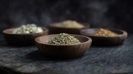 taste. Artisanal collection of dried herbs and spices in wooden bowls, emphasizing natural culinary ingredients. menu design.